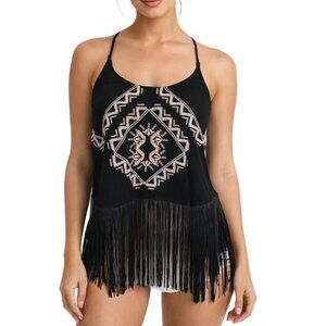Love Culture Aztec Embroidered Fringe Halter Top Black Boho Festival Western S